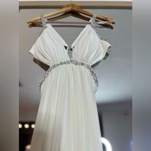White Chiffon Gown Dress with Rhinestones Detail